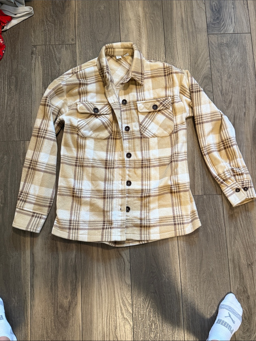 Simons Cream and Tan Plaid Button-Down Shirt Jacket